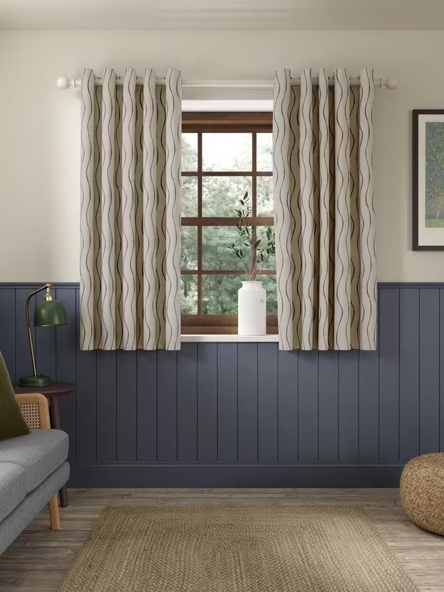John Lewis Stripe Embroidery Lined Eyelet Curtains W228 x Drop 137cm - Navy