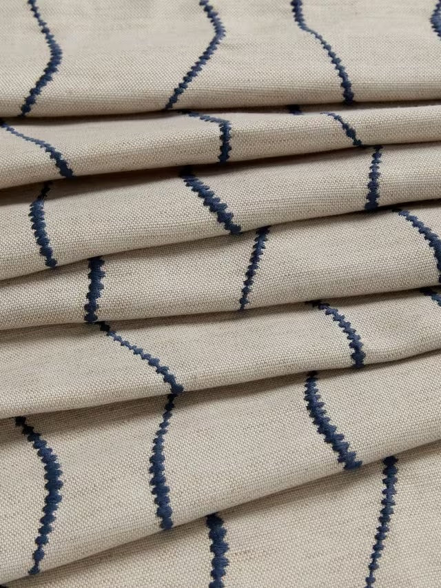 John Lewis Stripe Embroidery Lined Eyelet Curtains W228 x Drop 137cm - Navy