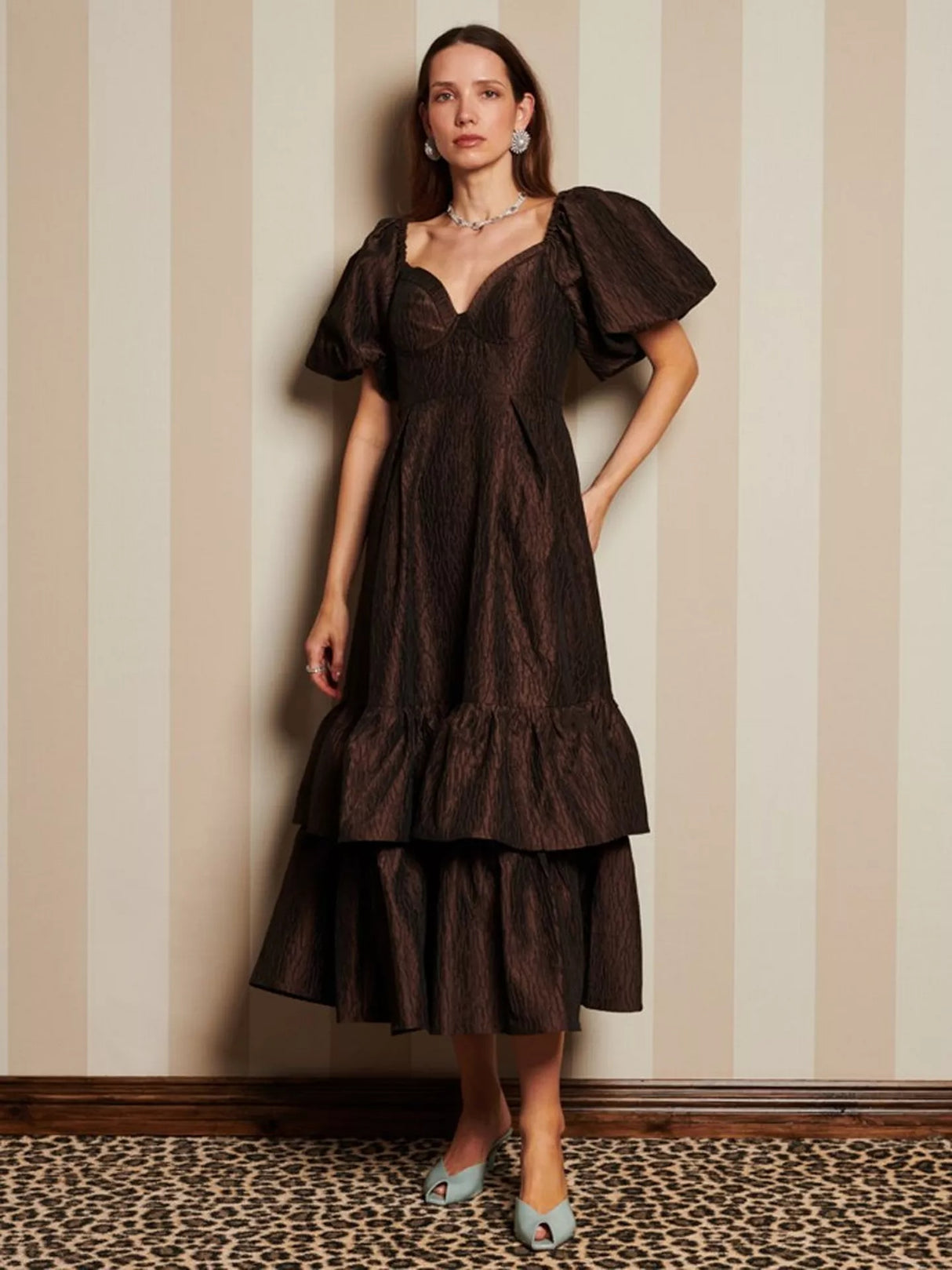 Sister Jane Antique Jacquard Ruffle Puff Sleeve Midi Dress - Brown - UK 14
