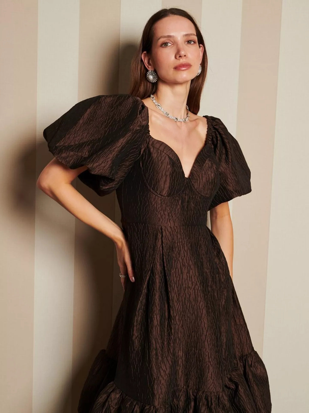 Sister Jane Antique Jacquard Ruffle Puff Sleeve Midi Dress - Brown - UK 14