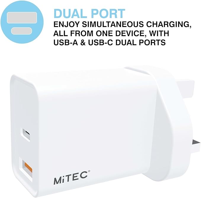 MiTEC Genuine 3A USB-A USB-C Adaptor Plug for Apple iOS & Android - White