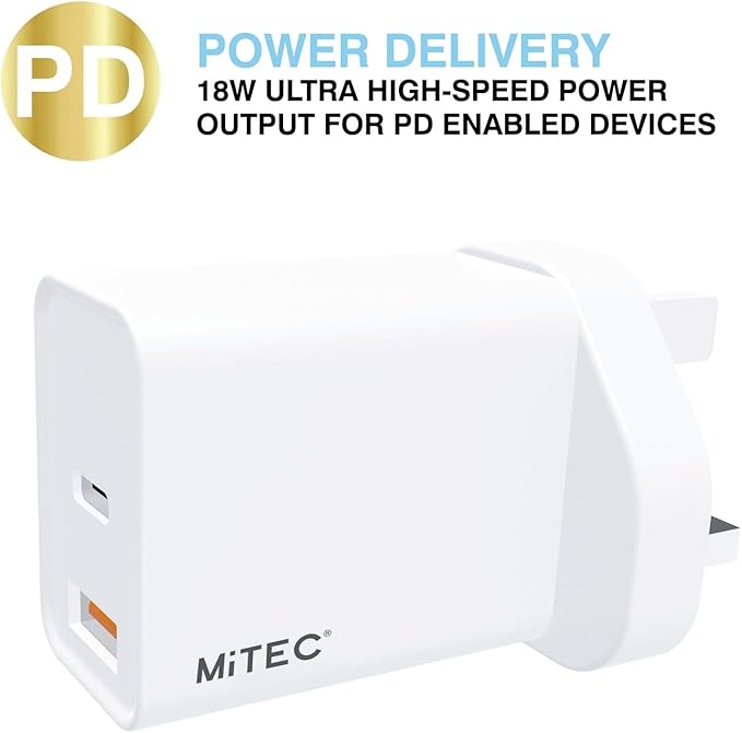 MiTEC Genuine 3A USB-A USB-C Adaptor Plug for Apple iOS & Android - White