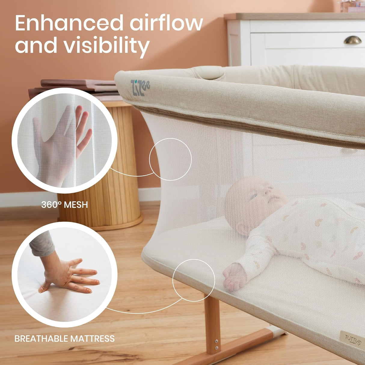 Tutti Bambini Zizee Essential Baby 0-6 Months Portable Crib - Walnut/Ecru