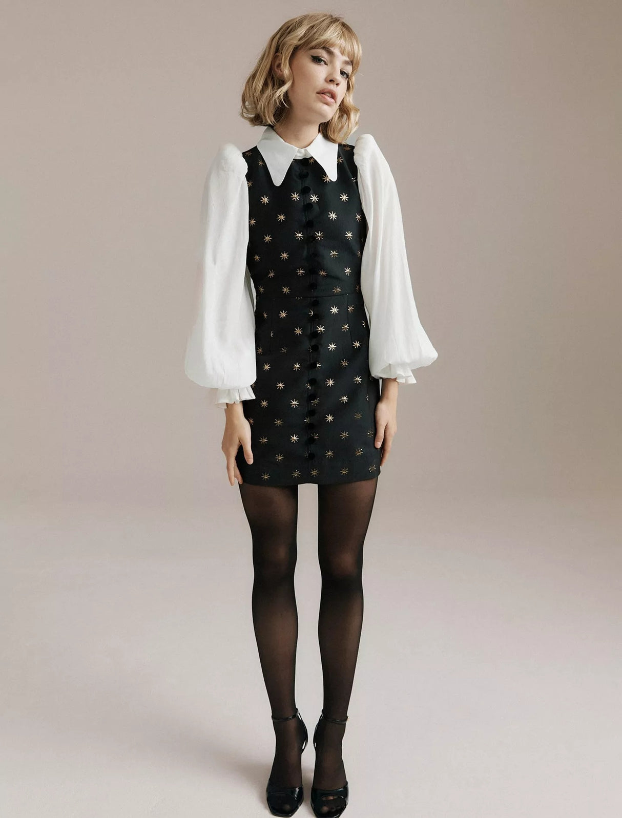 Queens of archive Mari Star Brocade Black/White Baloon Sleeve Mini Dress - M