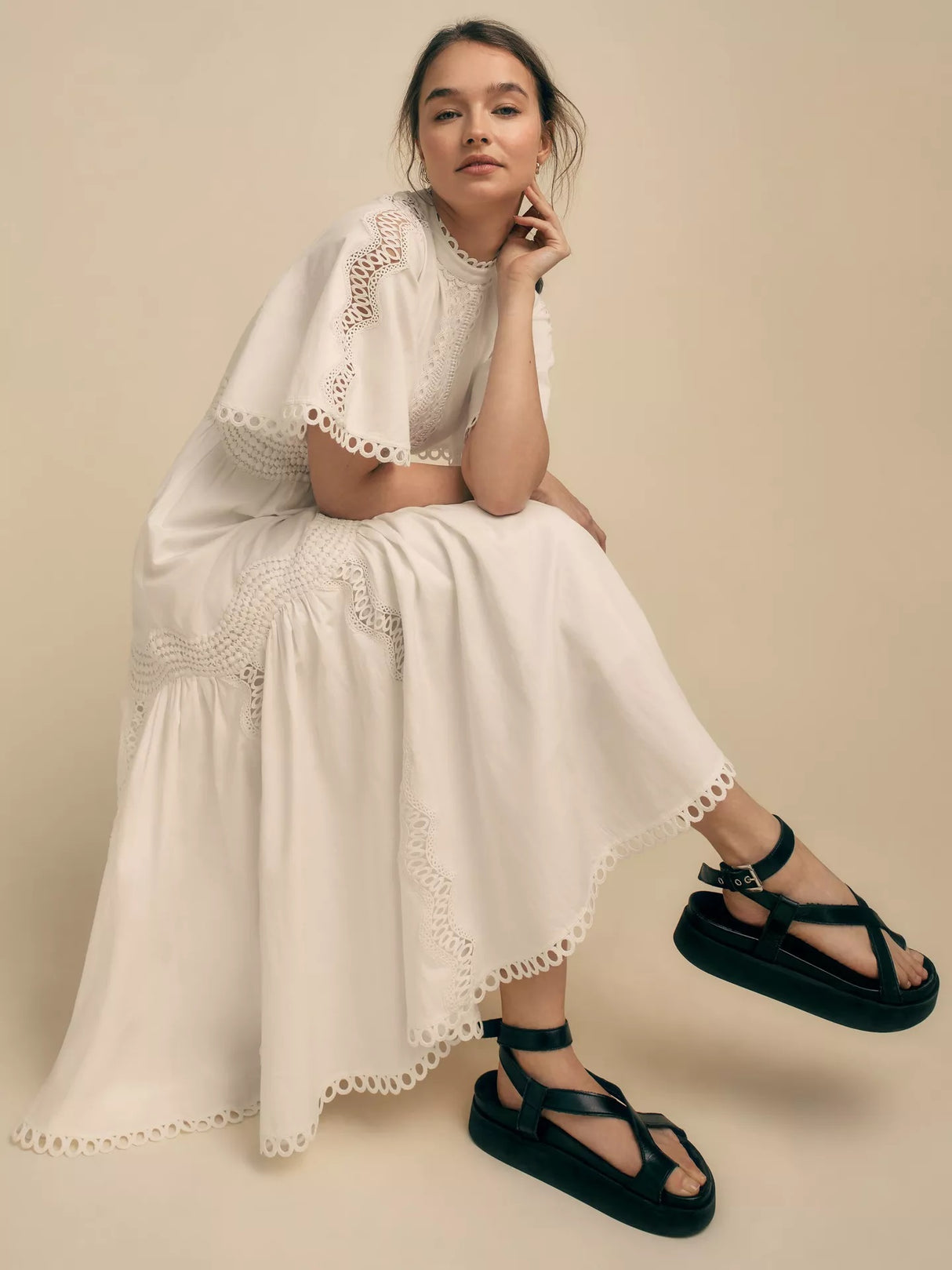 Florere Womens Lace Trim Cotton Short Sleeve Flare Midi Dress White - UK 10