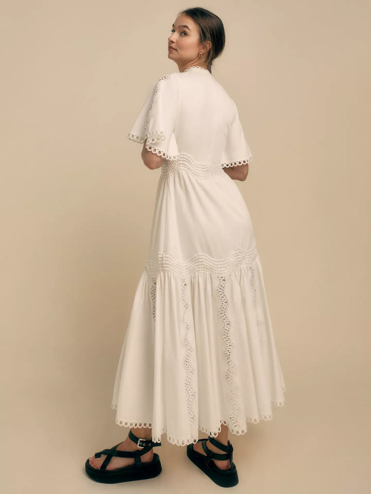 Florere Womens Lace Trim Cotton Short Sleeve Flare Midi Dress White - UK 10