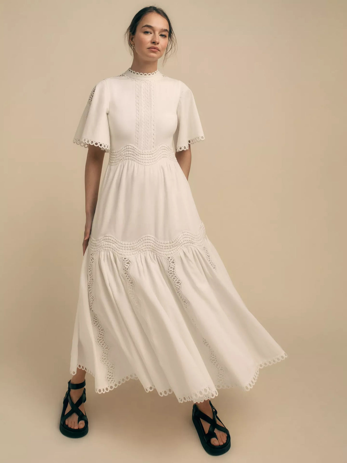 Florere Womens Lace Trim Cotton Short Sleeve Flare Midi Dress White - UK 10