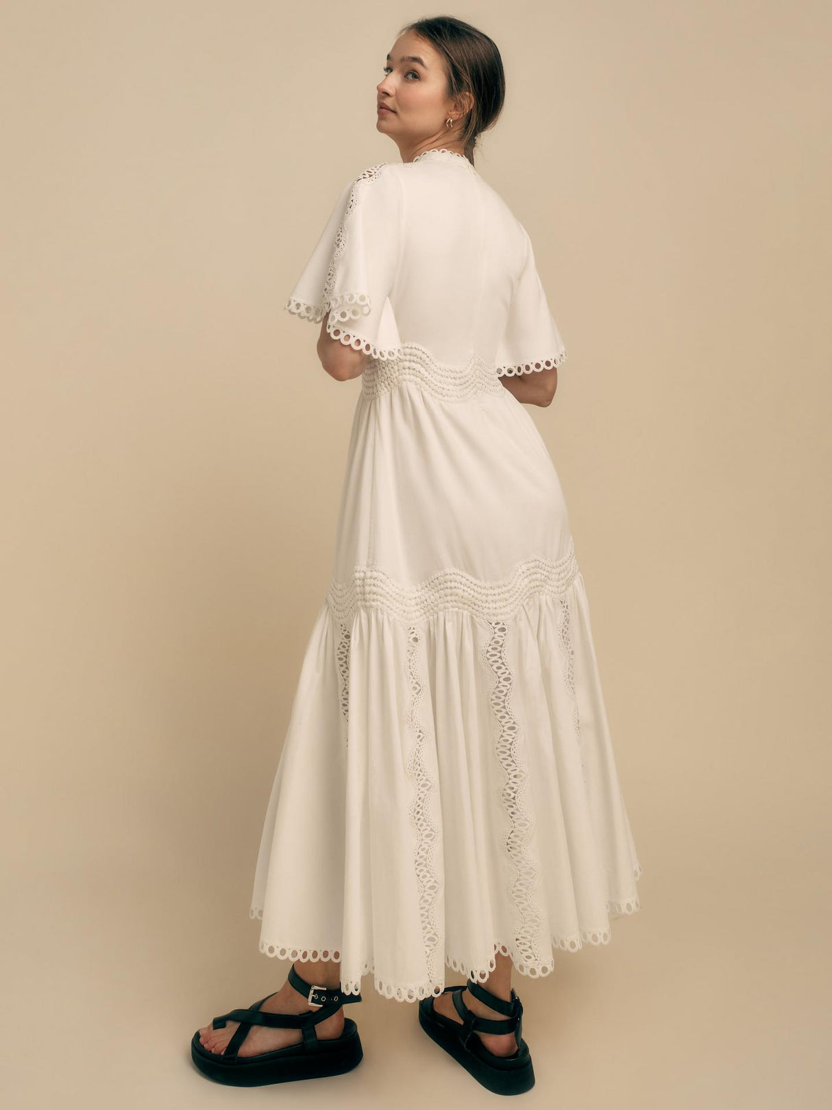 Florere Womens Lace Trim Regular Fit Cotton Midi Dress - White - Size 14