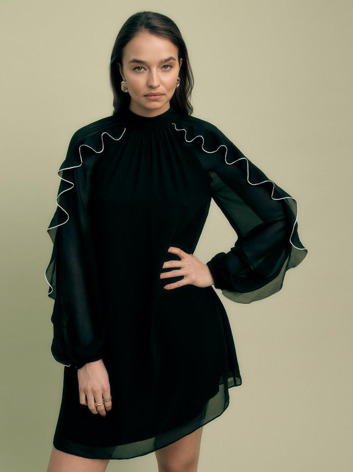 Florere Womens Regular Fit Contrast Ruffle Polyester Mini Dress - 16 - Black