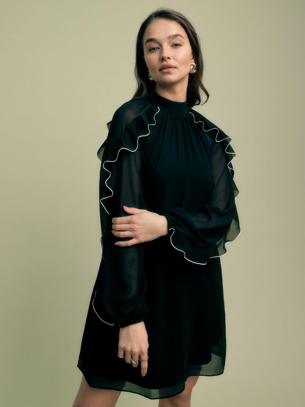 Florere Womens Regular Fit Contrast Ruffle Polyester Mini Dress - 16 - Black