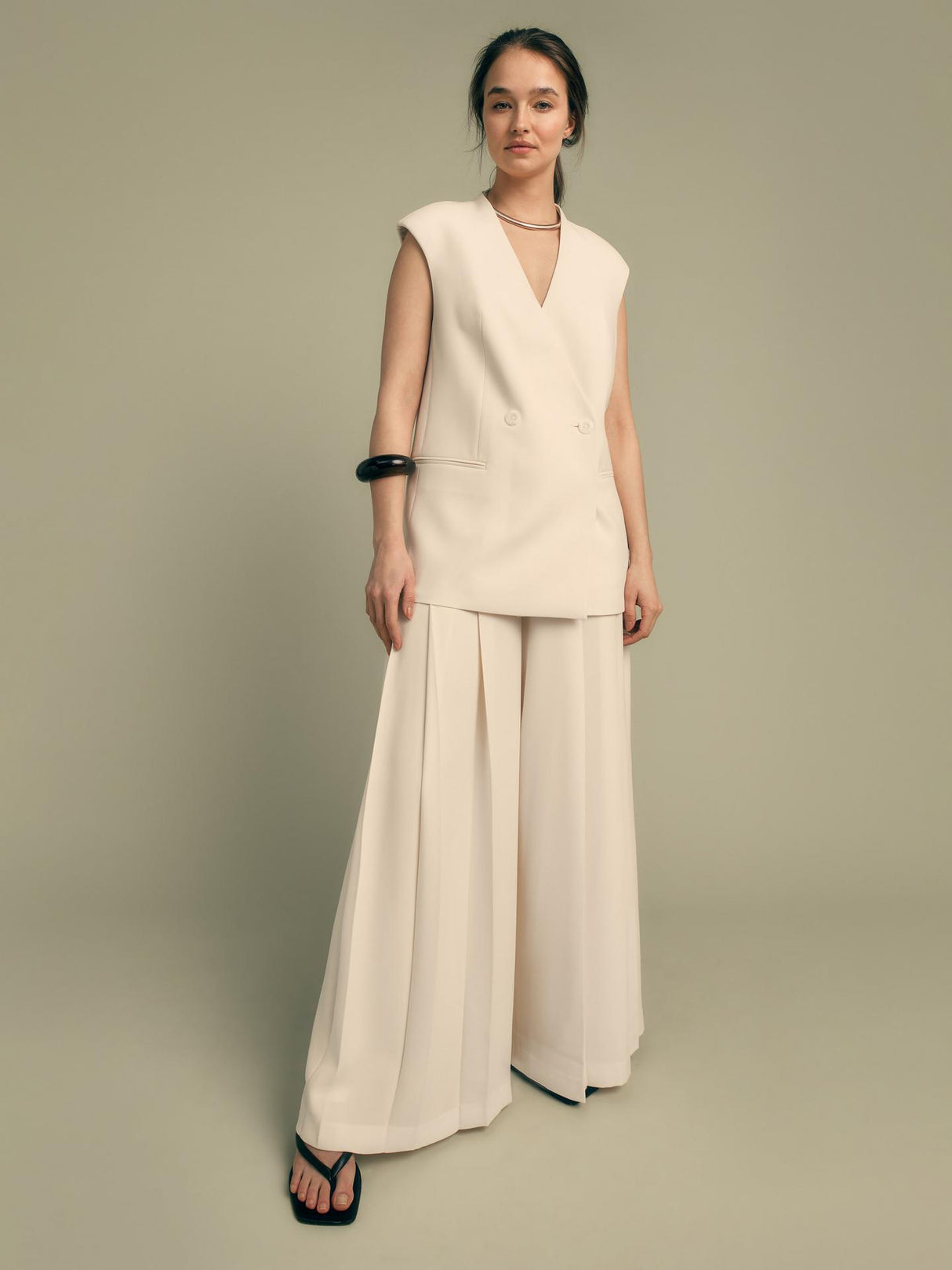 Florere Womens Double Breasted V-Neck Longline Waistcoat Cream - Size 14