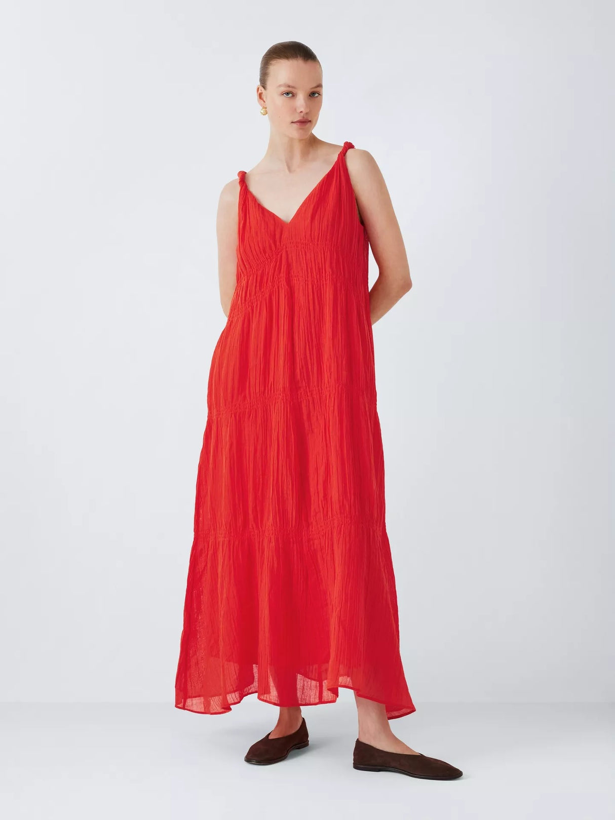 John Lewis Ramie Smocked Sleeveless Summer Cotton Maxi Dress - Coral UK 10