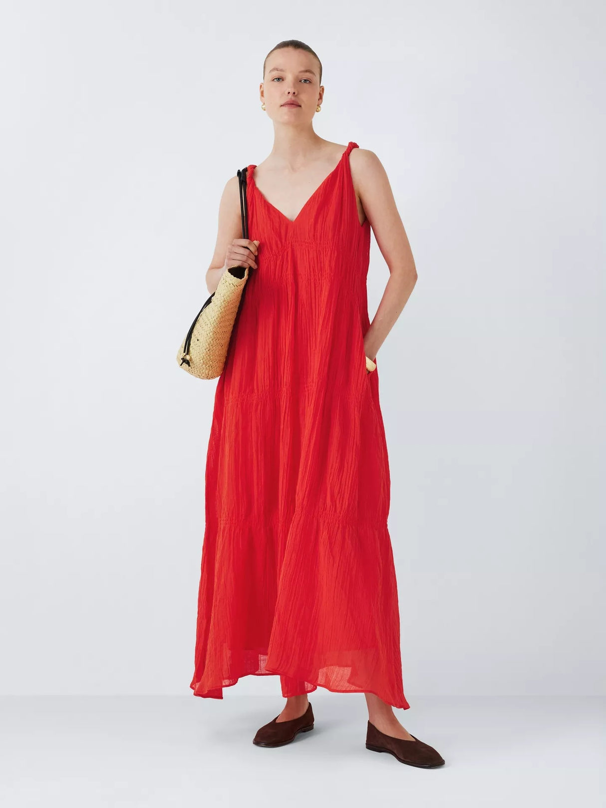 John Lewis Ramie Smocked Sleeveless Summer Cotton Maxi Dress - Coral UK 10
