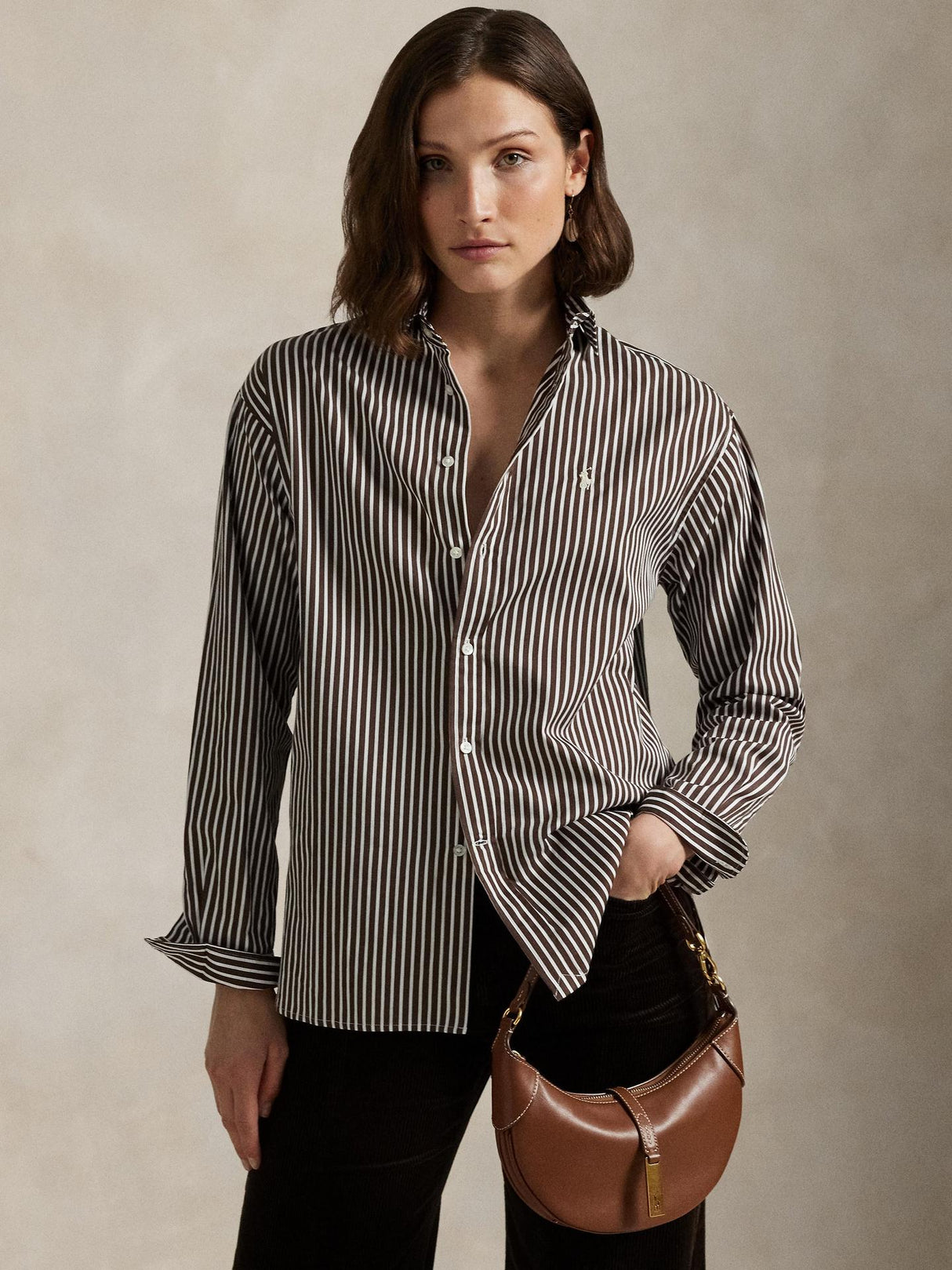 Ralph Lauren Womens Cotton Relaxed Fit Striped Shirt Brown/White - Size L