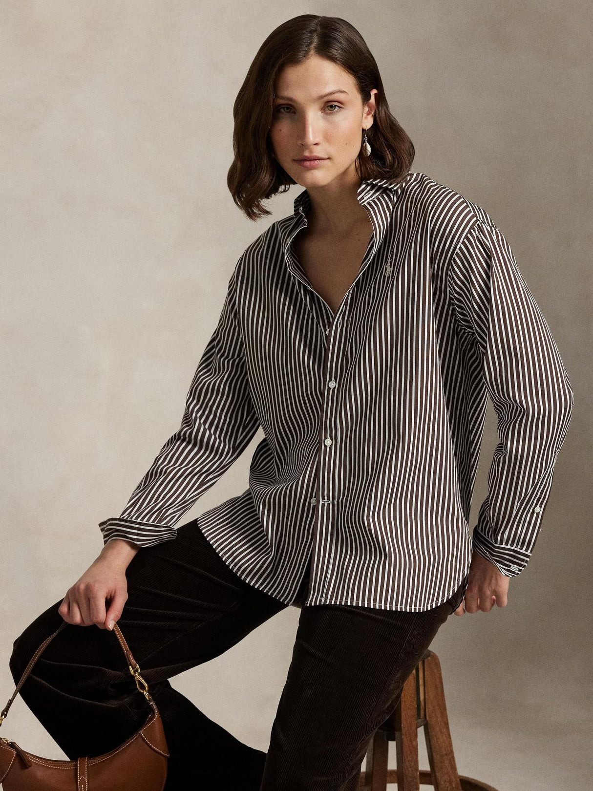 Ralph Lauren Womens Cotton Relaxed Fit Striped Shirt Brown/White - Size L