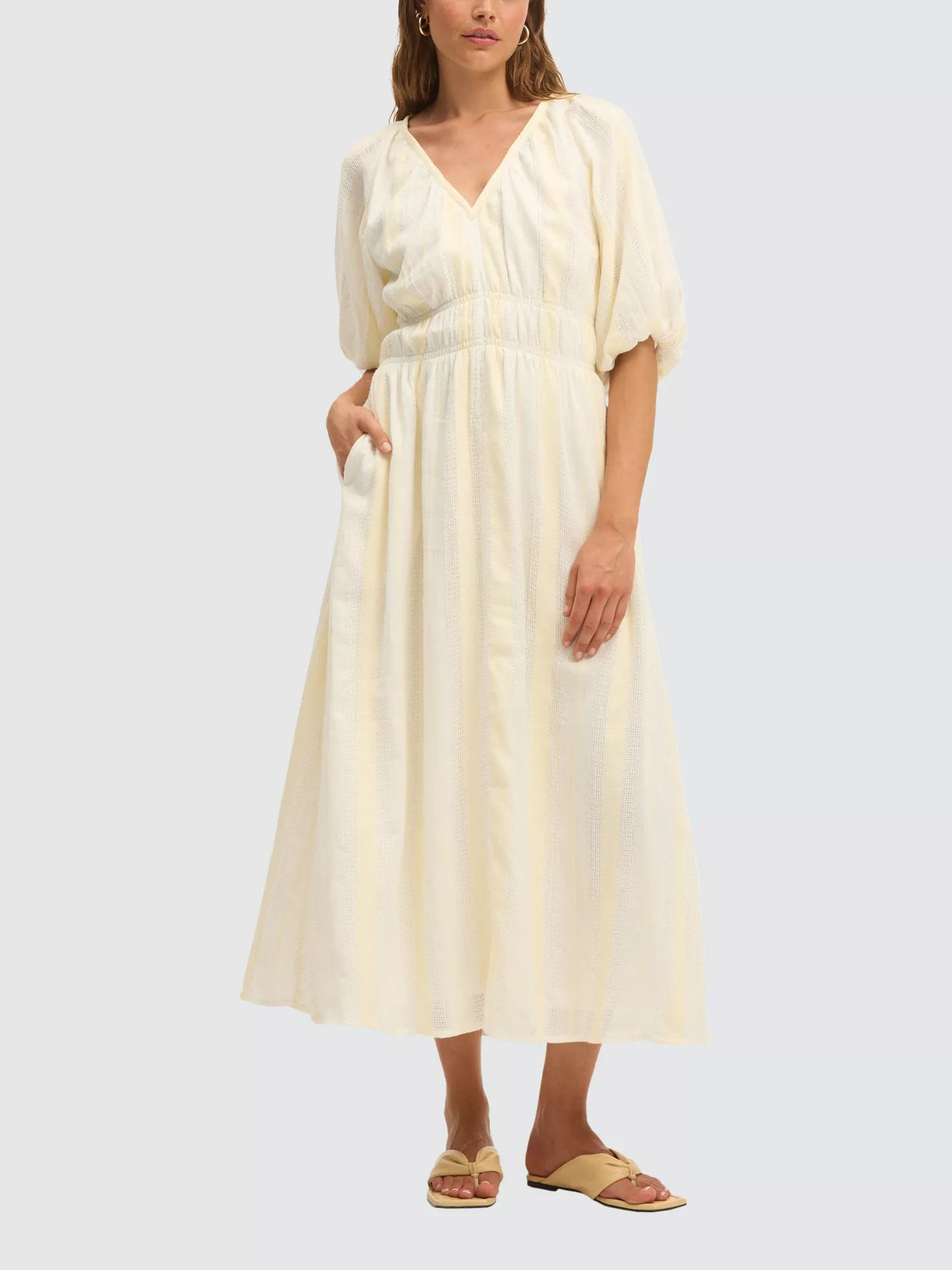 SUMMERY Copenhagen Bella Elasticated Waist Maxi Dress - Ecru White - Size S