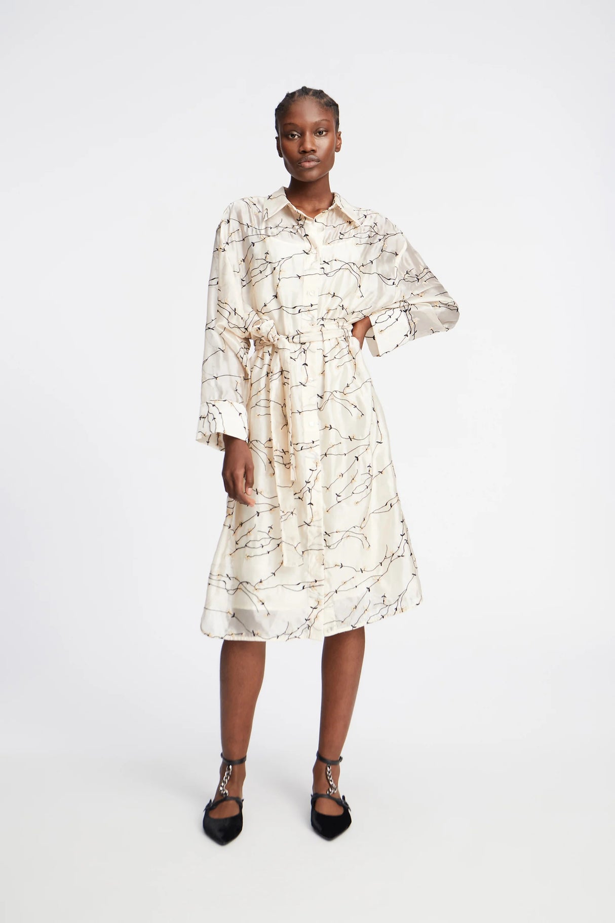 MUNTHE Pryor Floral Embroidered Button Midi Shirt Dress - Cream - Size 38