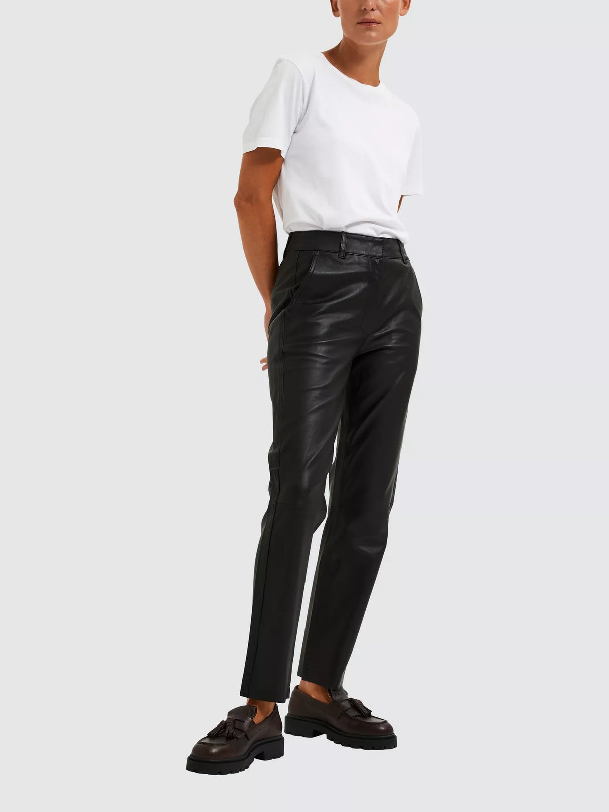 Selected Women's Marie Mid Waist Tailored Leather Trousers - Black XL /EU 42