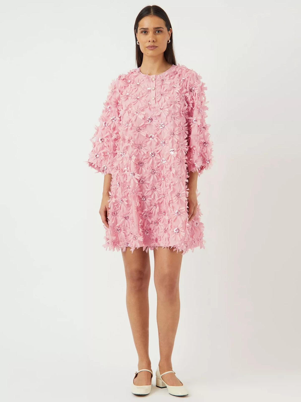 YAS Abelone Flower Applique Three Quarter Sleeve Mini Dress - Pink - UK 8