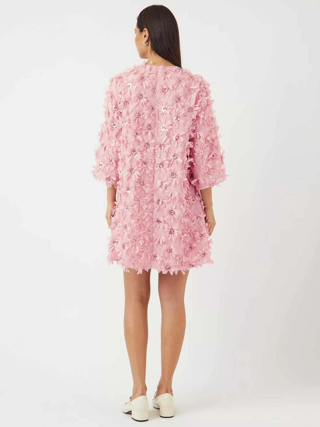 YAS Abelone Flower Applique Three Quarter Sleeve Mini Dress - Pink - UK 8