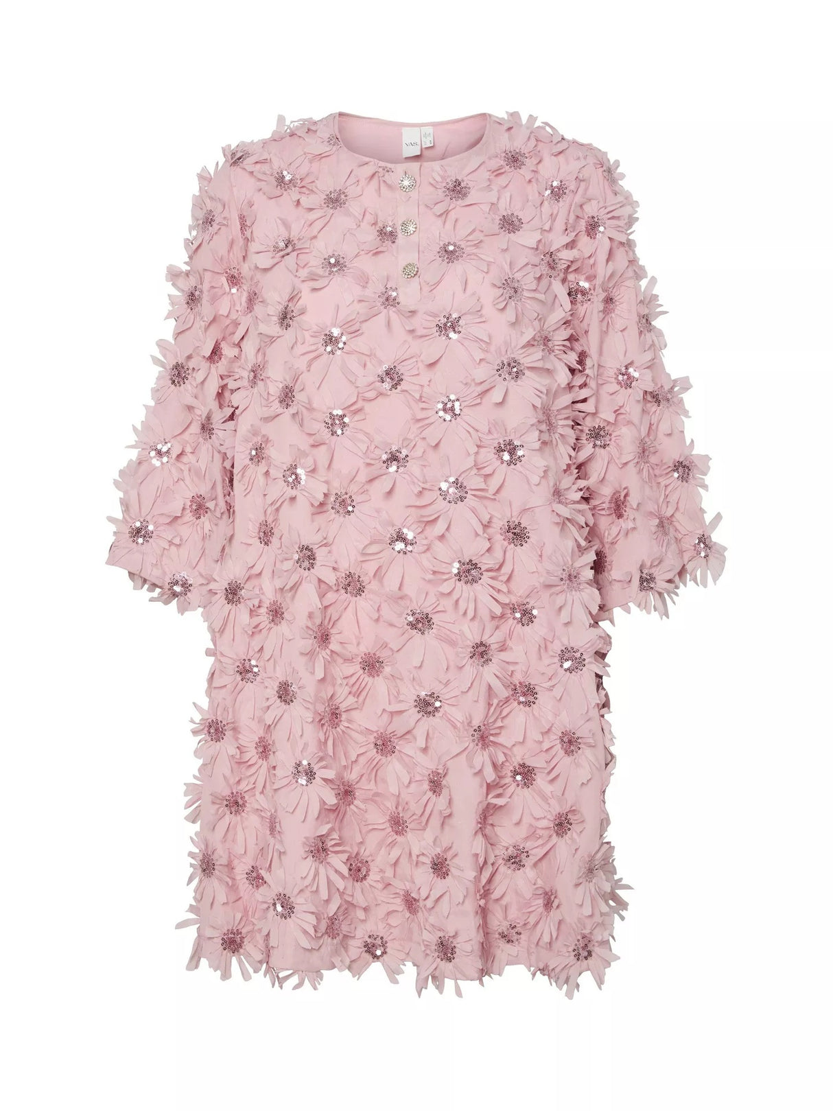 YAS Abelone Flower Applique Three Quarter Sleeve Mini Dress - Pink - UK 8