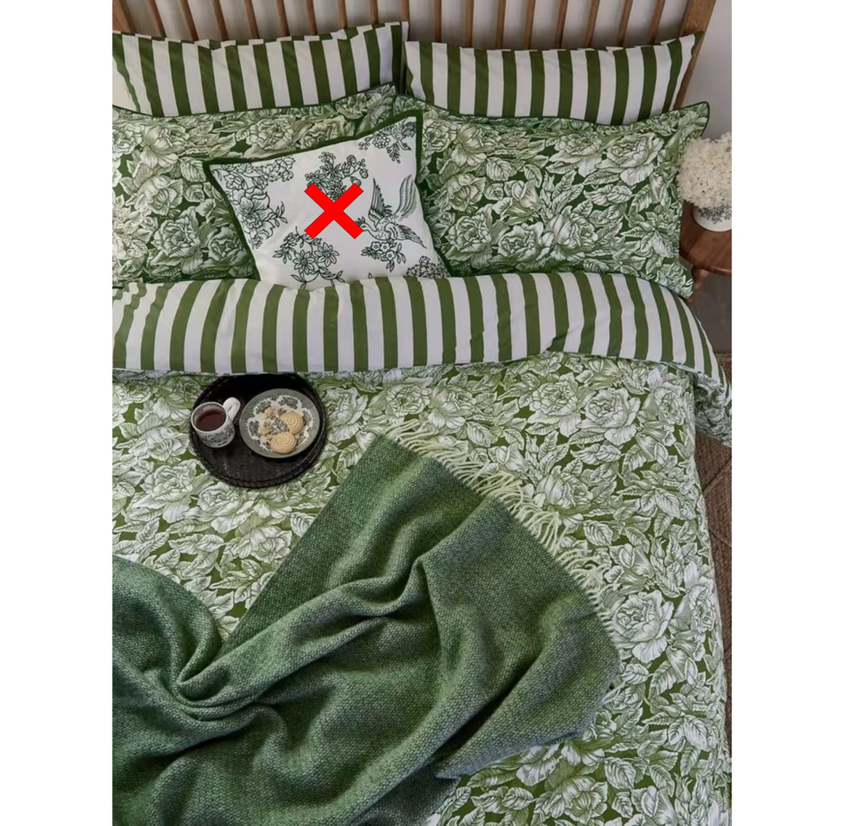 Burleigh x Bedeck Hibiscus Floral Cotton Green Stripe Duvet Cover Set - King