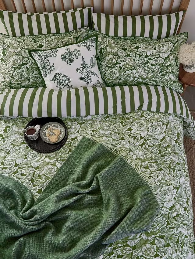 Burleigh x Bedeck Hibiscus Floral Cotton Green Stripe Duvet Cover Set - King - Kazoop