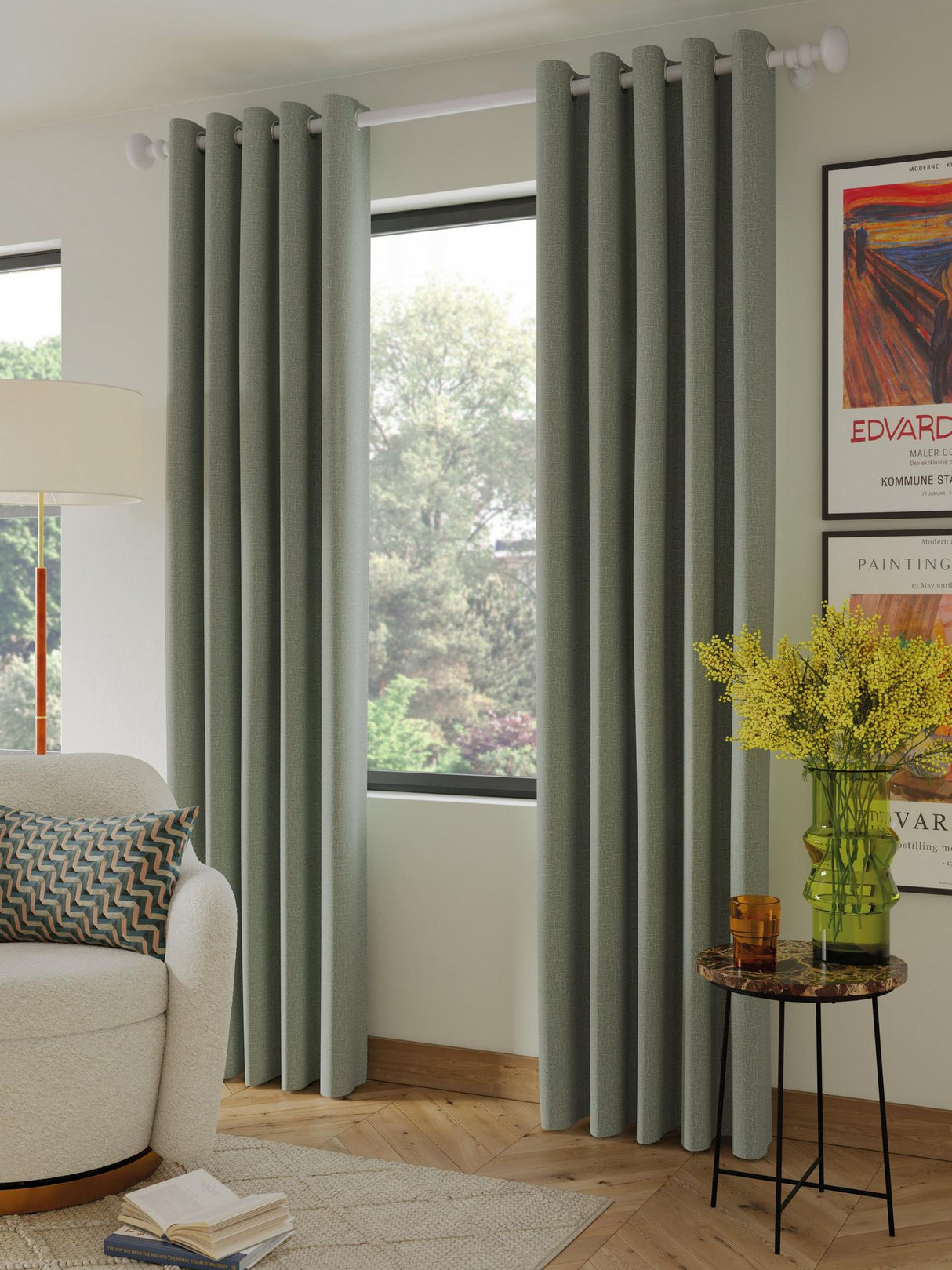 John Lewis Boucle Blackout/Thermal Lined Eyelet Curtains Green W228 x 228cm