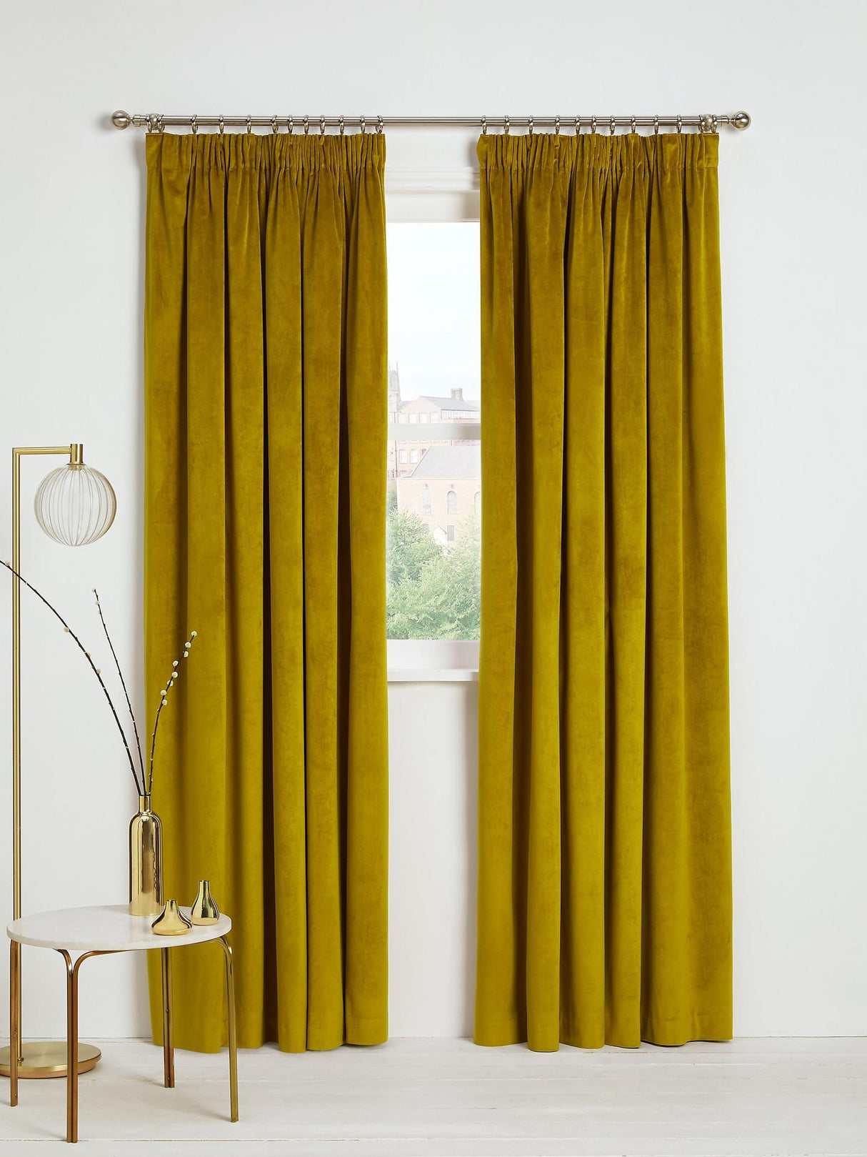 Velvet Pair Polyester Lined Pencil Pleat Curtains Gold - W228 x Drop 137cm