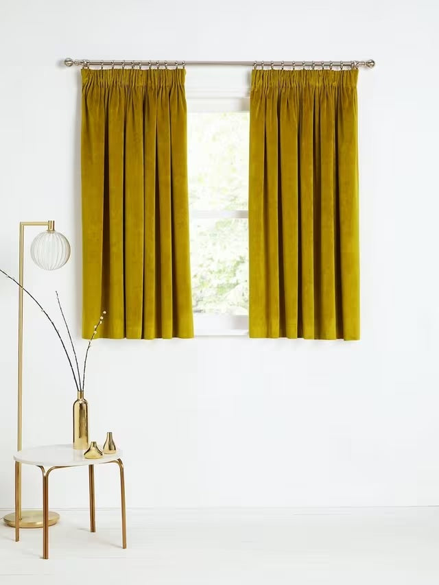 Velvet Pair Polyester Lined Pencil Pleat Curtains Gold - W228 x Drop 137cm