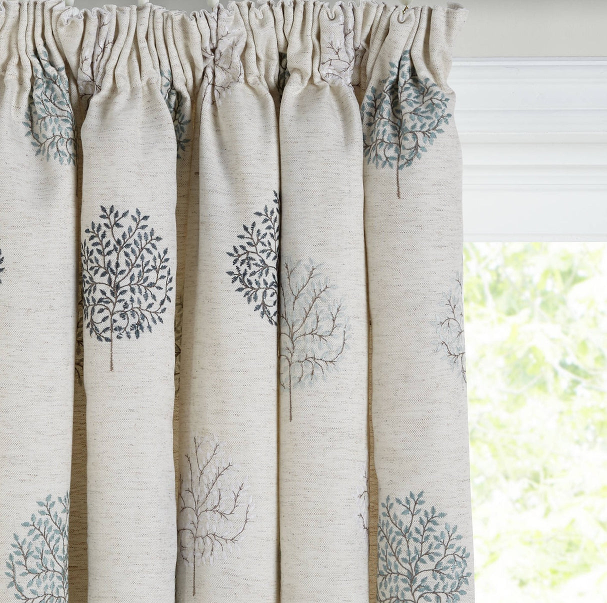 John Lewis Mini Olive Tree Lined Pencil Pleat Curtain 228 x 182cm - Duck Egg