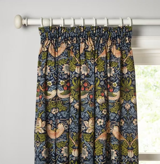 Morris & Co. Strawberry Lined Pencil Pleat Curtains W228 x D182cm - Indigo