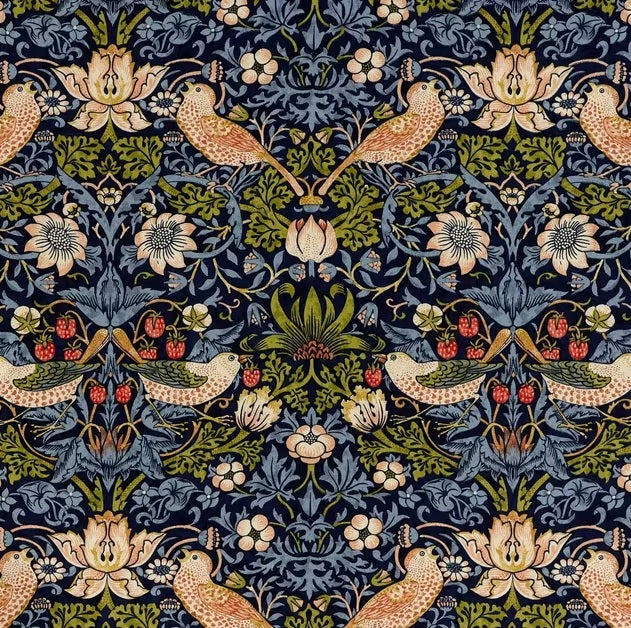 Morris & Co. Strawberry Lined Pencil Pleat Curtains W228 x D182cm - Indigo