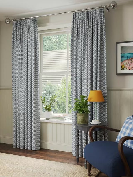 John Lewis Jaya Print Lined Pencil Pleat Curtains 167 x 182cm - Lake Blue - Kazoop