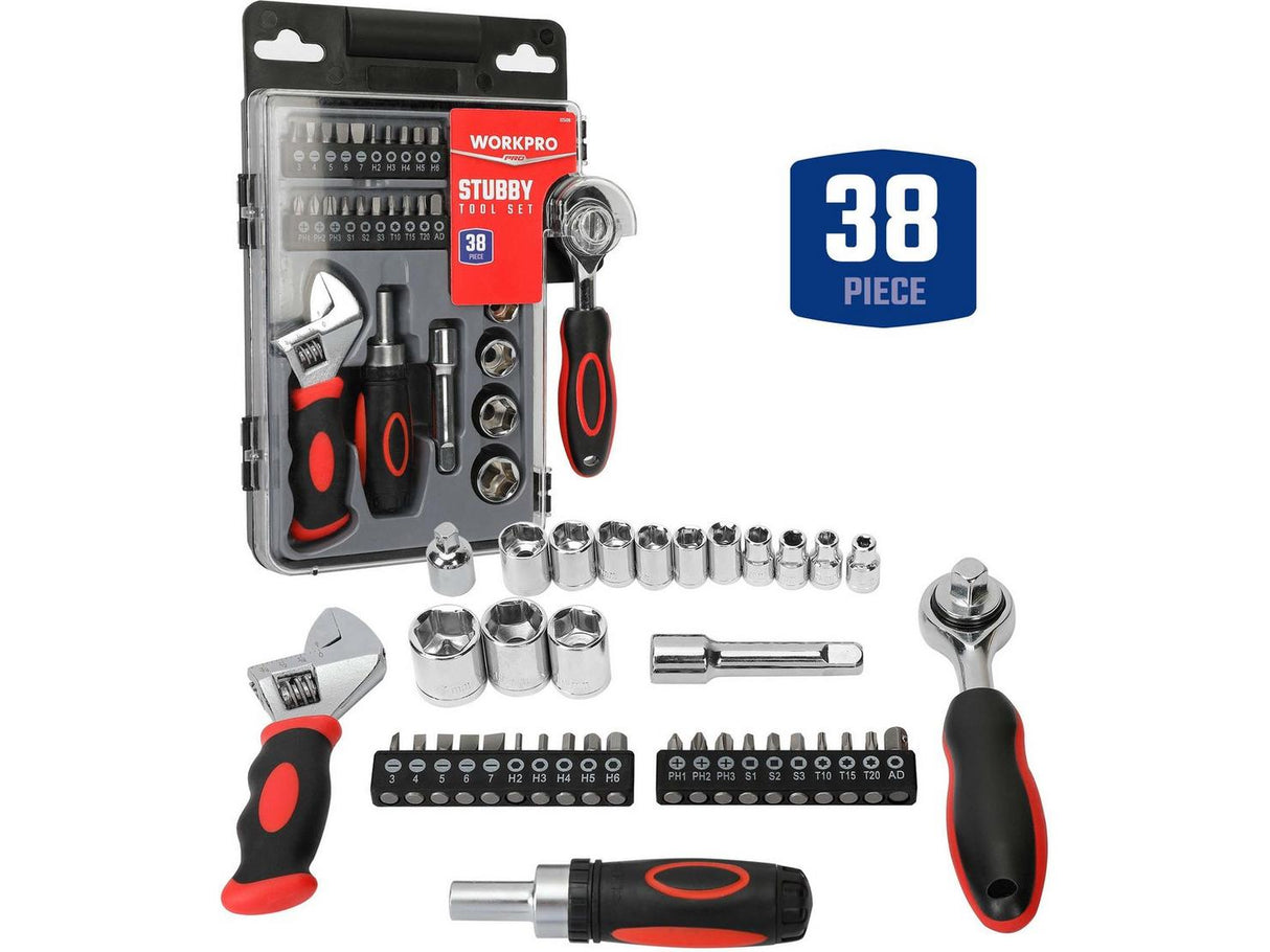 Workpro 38 Pieces Stubby Adj Wrench Ratcheting Screwdriver Sockets Tool Set