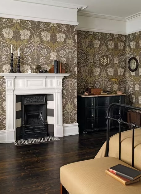 Morris & Co. DM3W214701 Honeysuckle & Tulip Floral Wallpaper - Charcoal/Gold