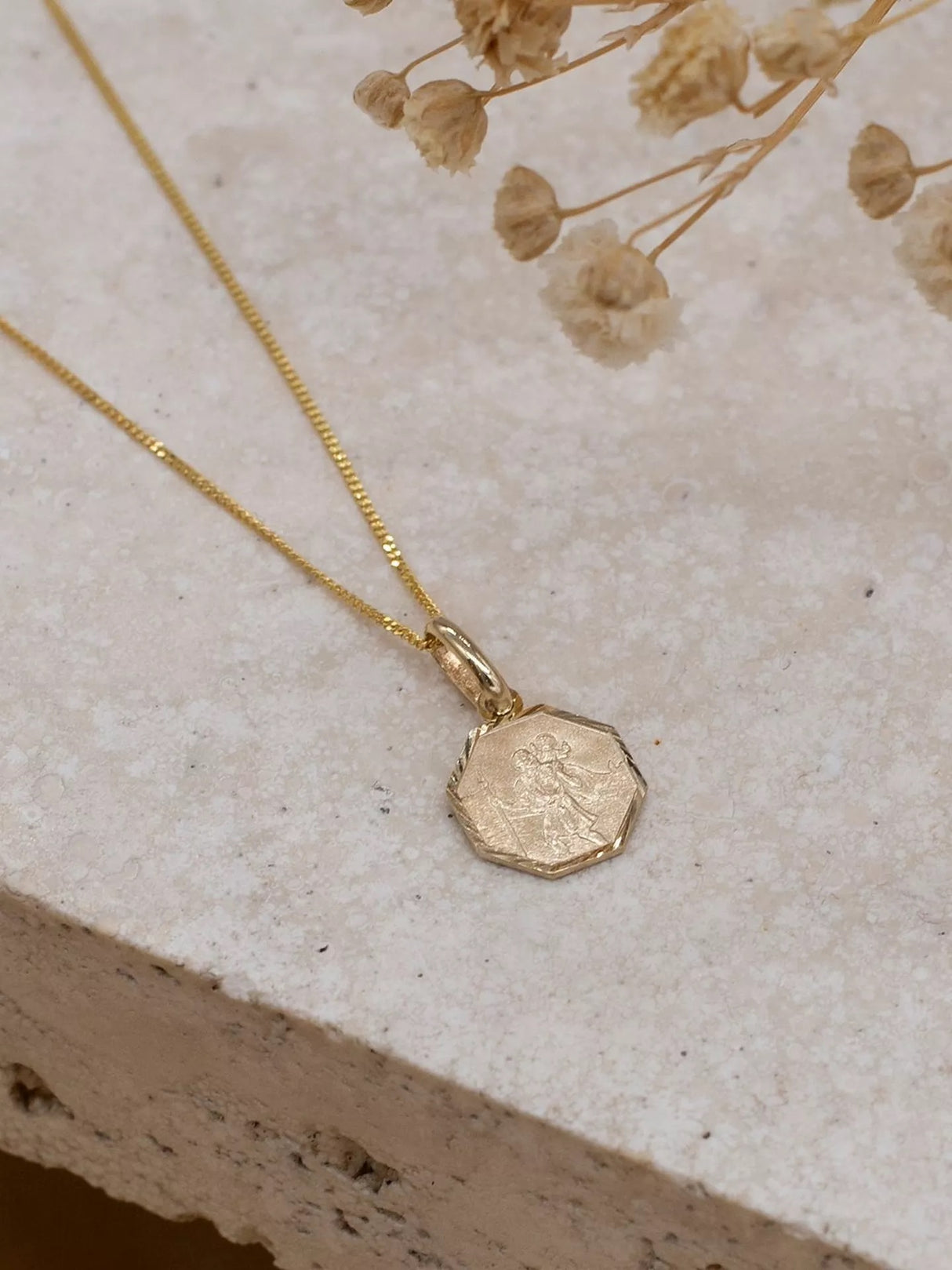 IBB 9ct Gold St Christopher Diamond Cut Satin Octagonal Pendant Necklace