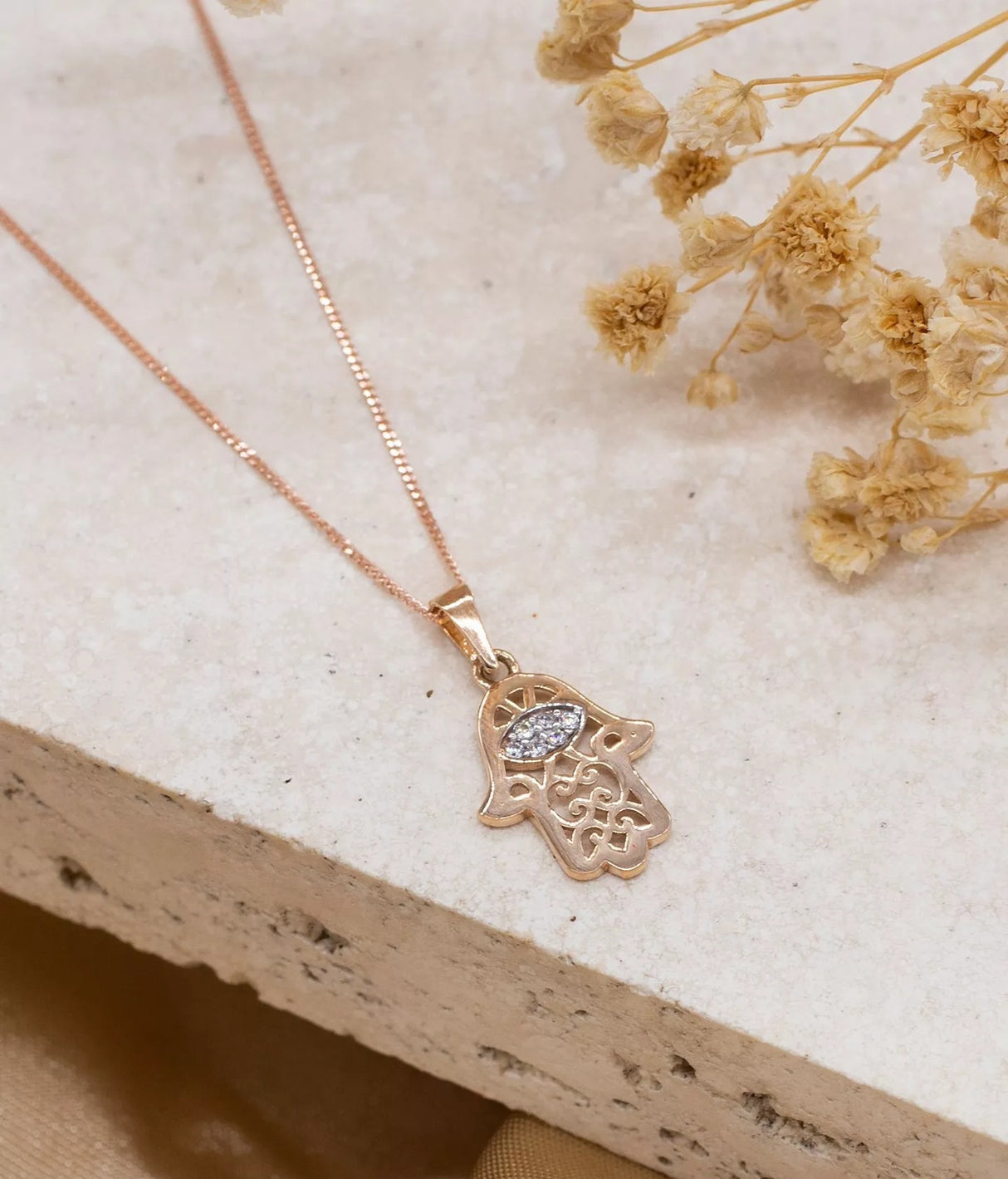 IBB 9ct Gold Gemstone Hamsa Hand Pendant Necklace 46cm - Rose & White Gold