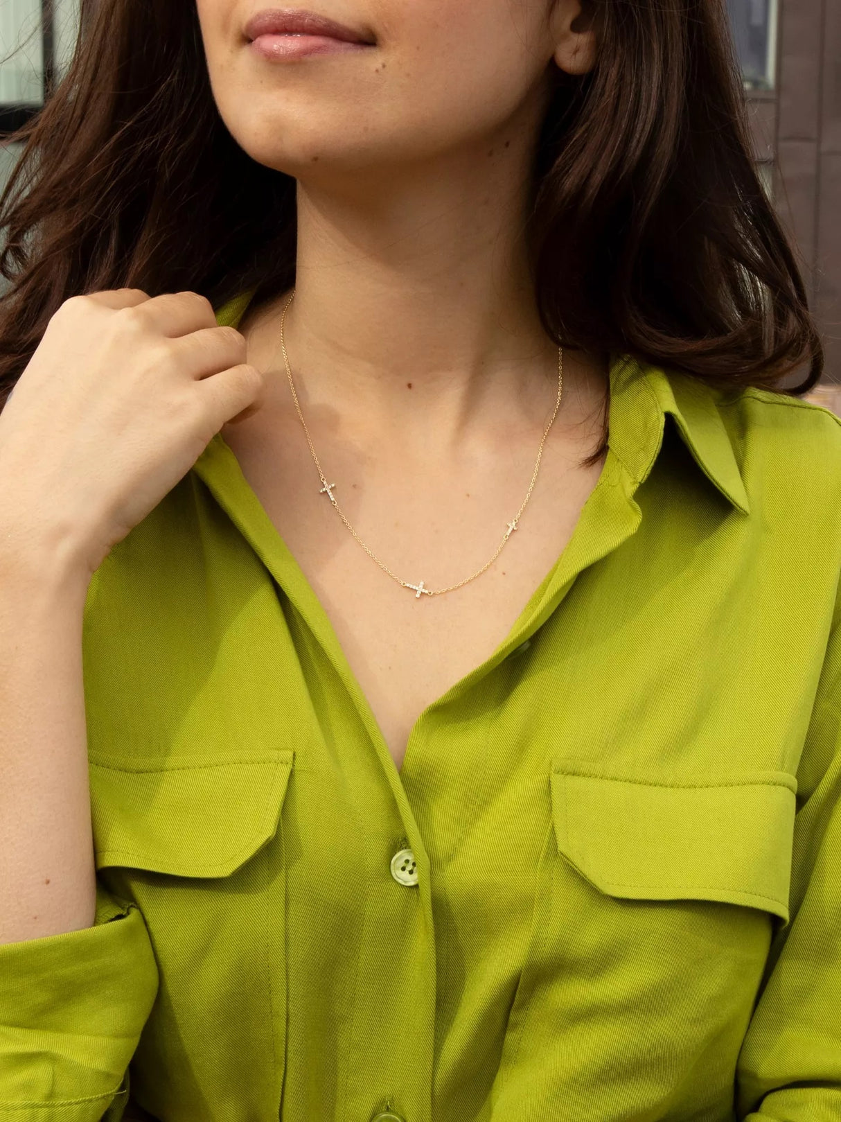 IBB Cubic Zirconia Triple Cross Chain Necklace 43-46cm - 9ct Yellow Gold