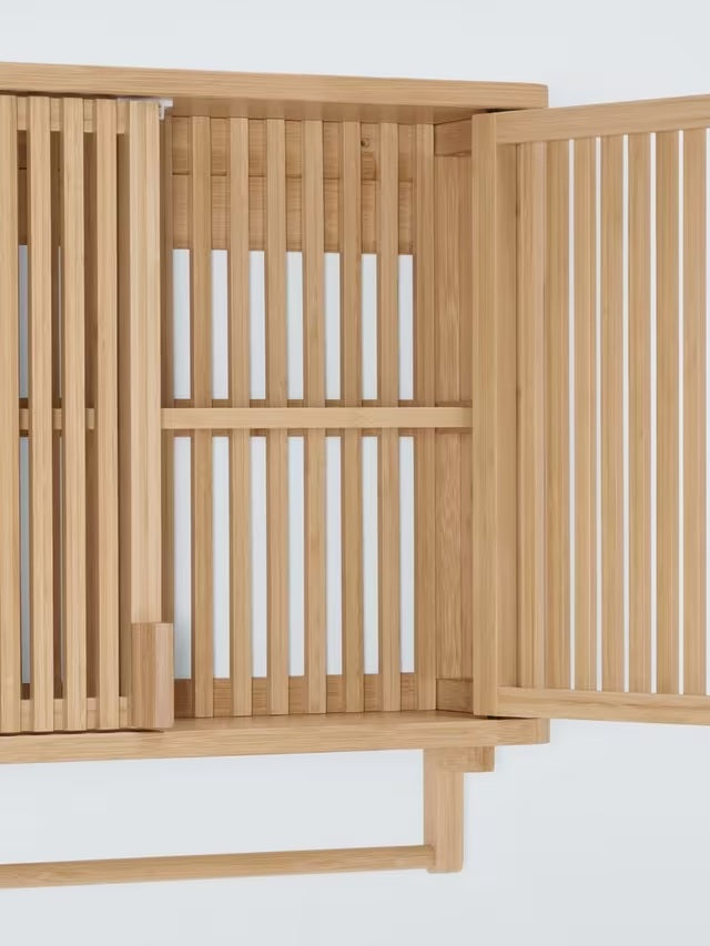 John Lewis Slatted Bamboo Bathroom Wall Cabinet with Towel Rail - Natural