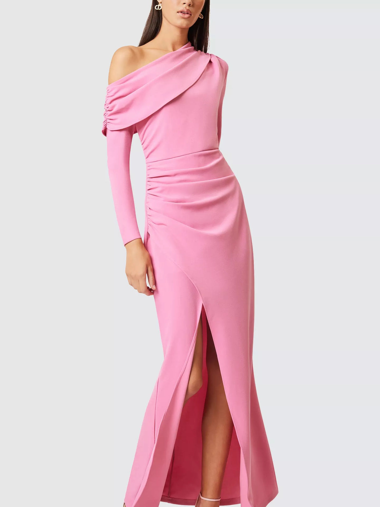 Elliatt Jamie Asymmetric A-Line Long Sleeve Thigh Split Pink Maxi Dress - M