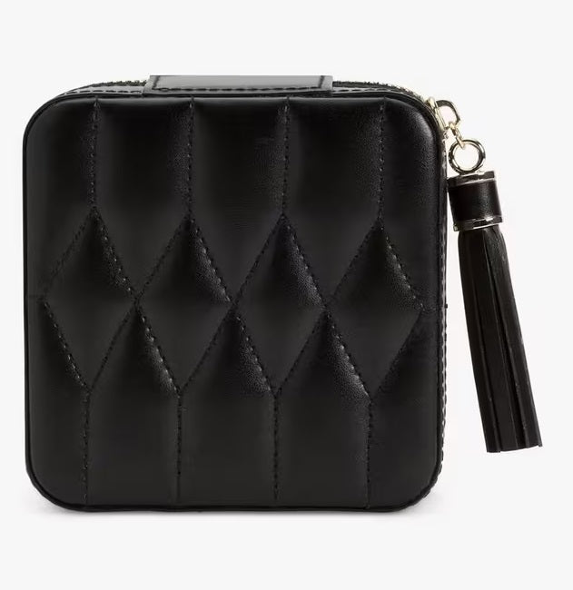 WOLF Caroline Leather Zipped Travel Jewellery Case with Mirror - Black