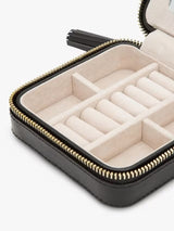 WOLF Caroline Leather Zipped Travel Jewellery Case with Mirror - Black