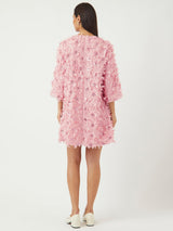 YAS Abelone Flower Applique Three Quarter Sleeve Mini Dress - Pink - UK 6