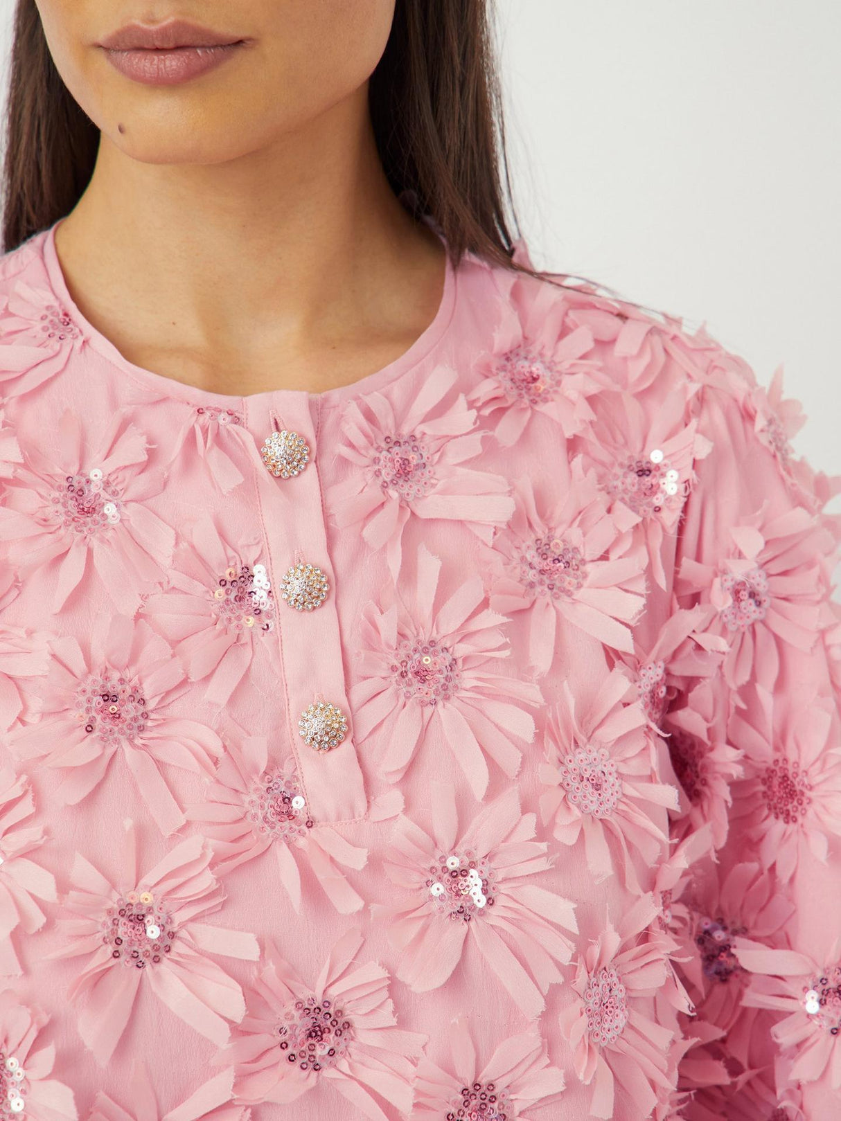 YAS Abelone Flower Applique Three Quarter Sleeve Mini Dress - Pink - UK 6