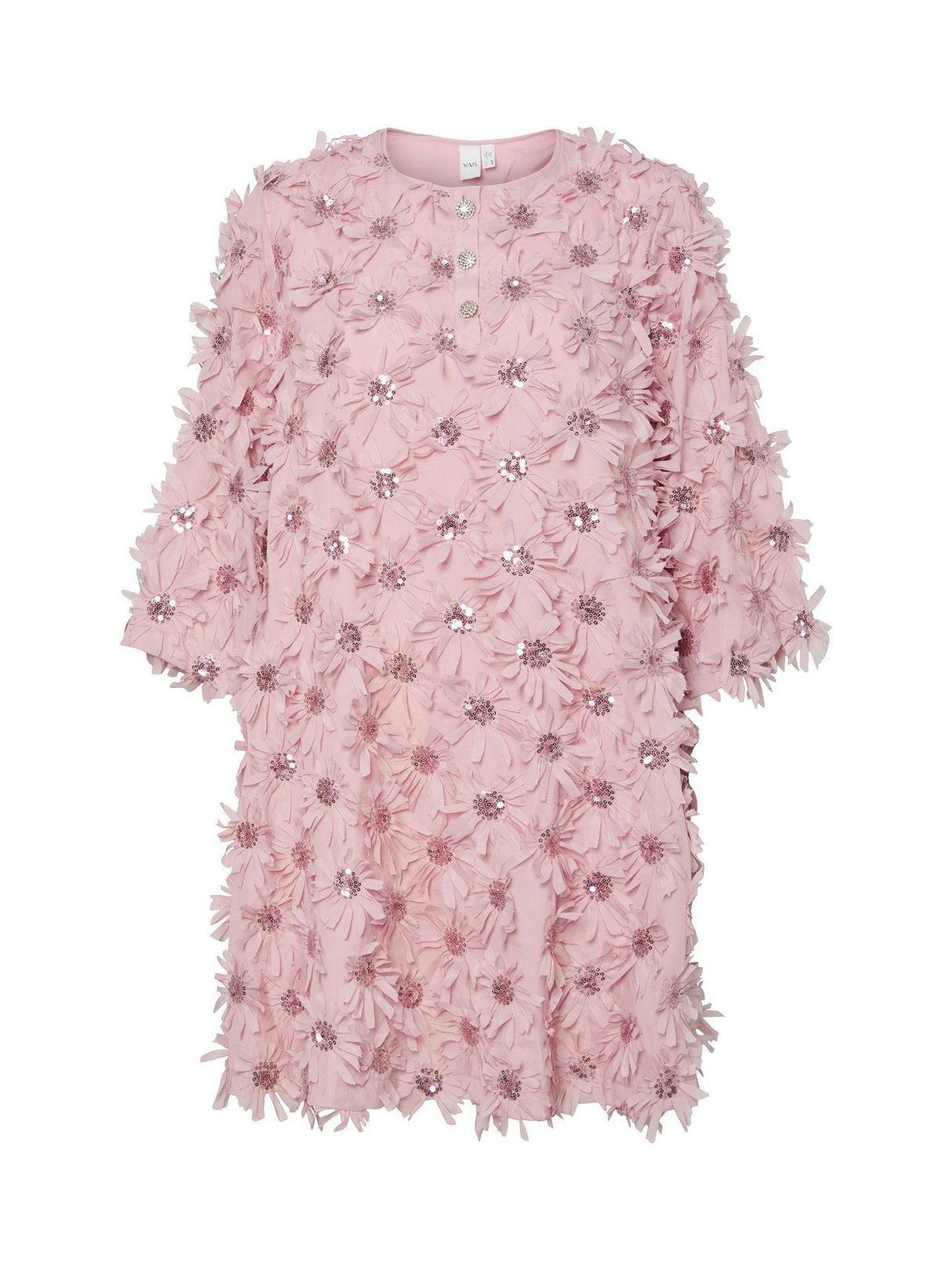 YAS Abelone Flower Applique Three Quarter Sleeve Mini Dress - Pink - UK 6