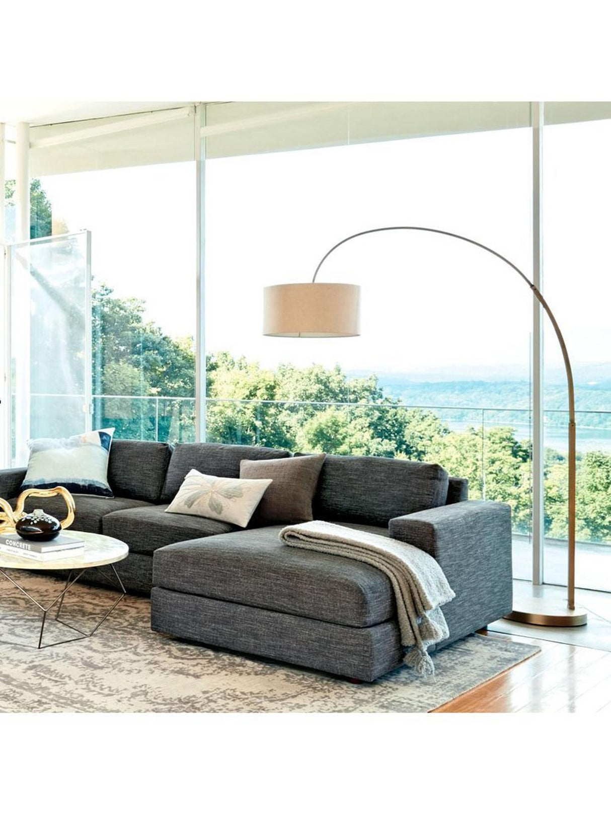 West Elm Overarching Non-Dimmable Nickel Floor Lamp With Drum Shade - White