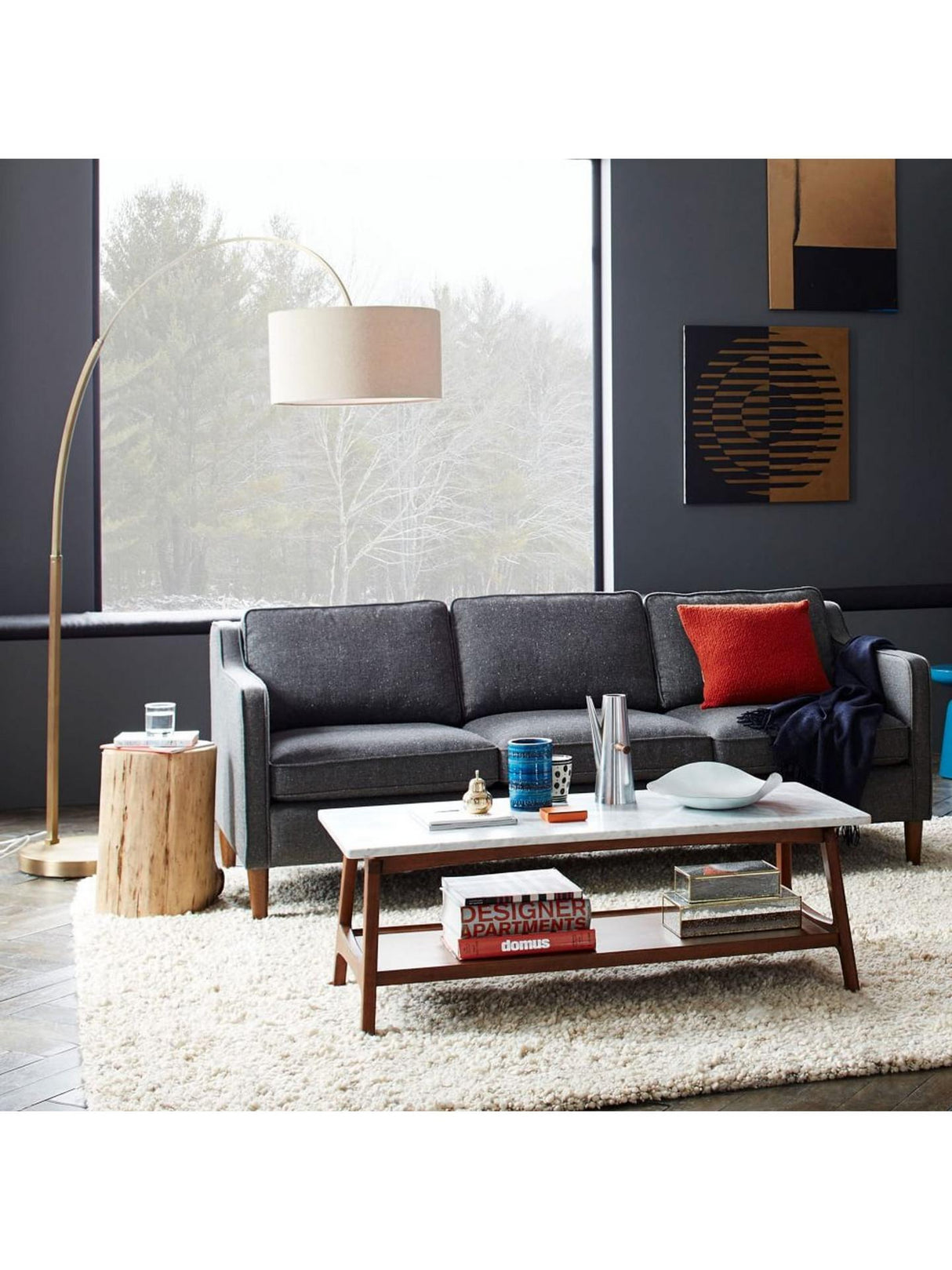 West Elm Overarching Non-Dimmable Nickel Floor Lamp With Drum Shade - White