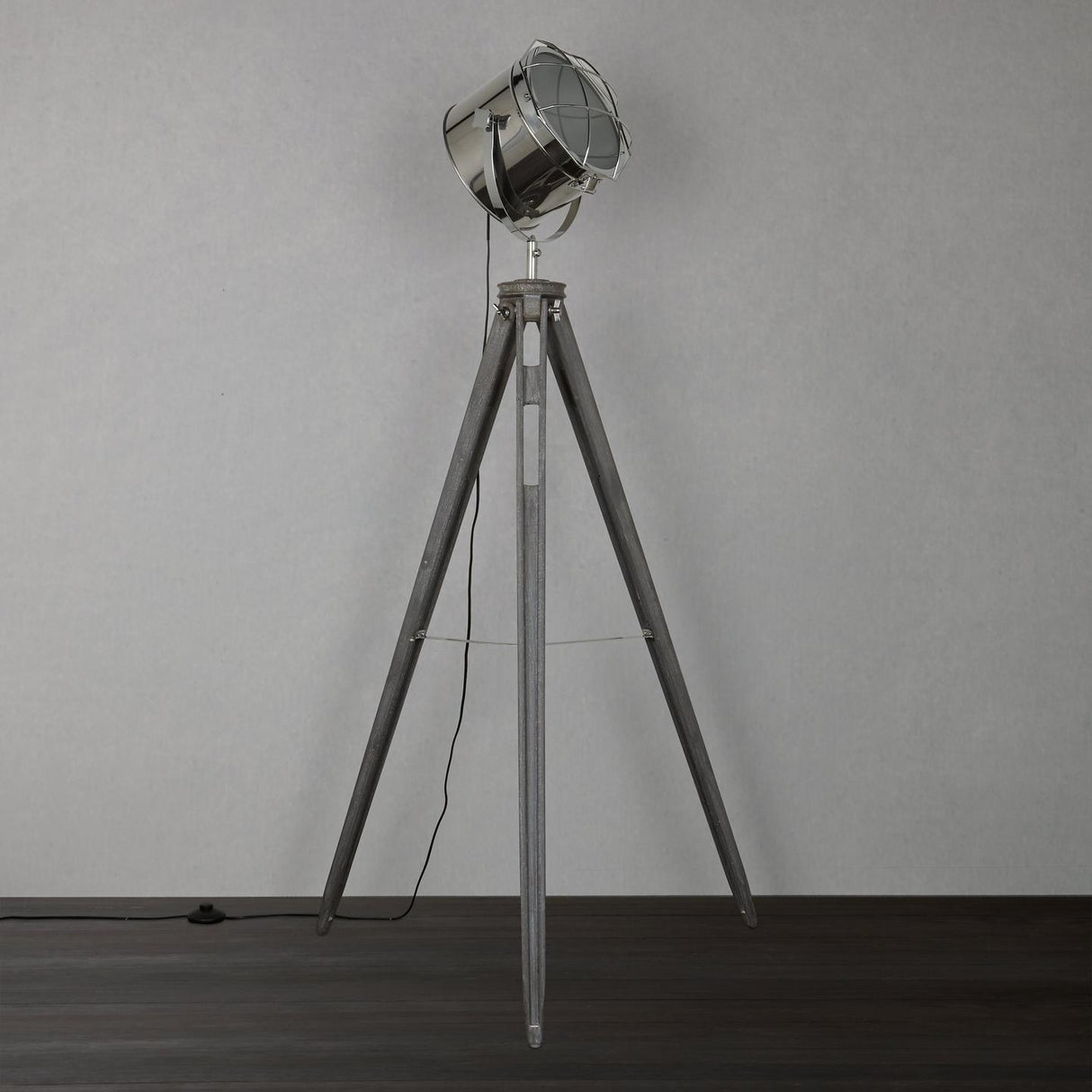 John Lewis Jules Drum Shape Wood Marine Head Steel Tripod Floor Lamp Silver