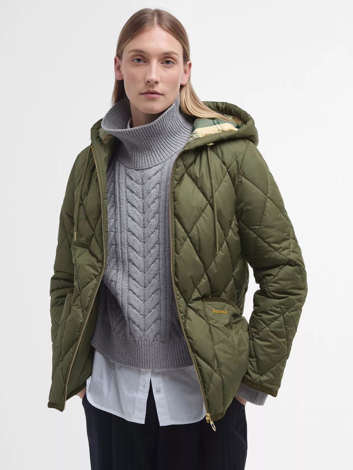 Barbour Women's Erin Puffer Quilted Jacket - Olive/Ancient Tartan - Size 12